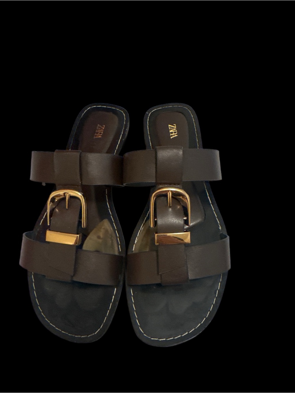 ZARA Brown Double Strap Slide Sandals with Gold Buckle Detail | Size 7
